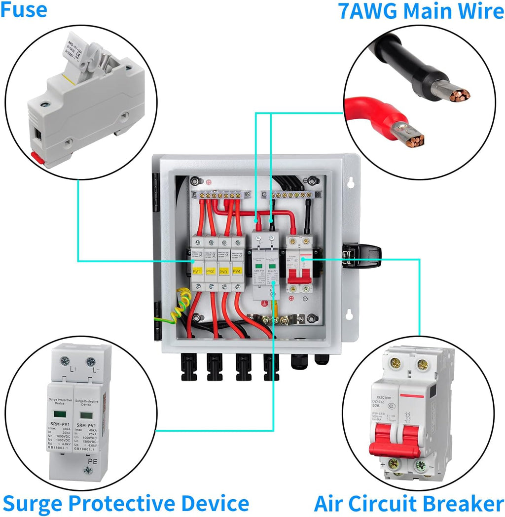 6 String Solar Combiner Box with 15A Fuse, Surge Protective Device, 63A Circuit Breaker L10199