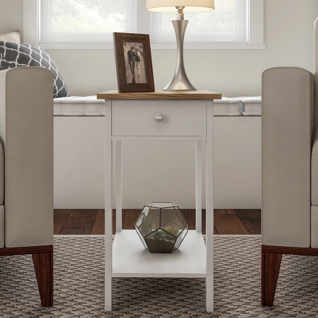 White and Oak 2-Toned End Table with Drawer and Storage Shelf, Set of 2 S65079