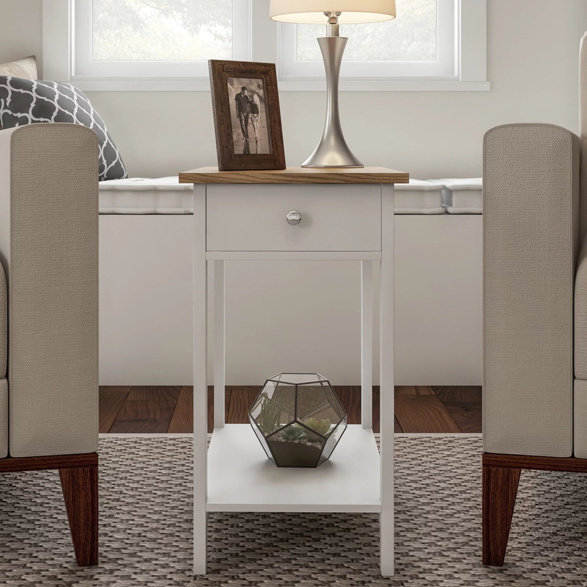 White and Oak 2-Toned End Table with Drawer and Storage Shelf, Set of 2 S65079