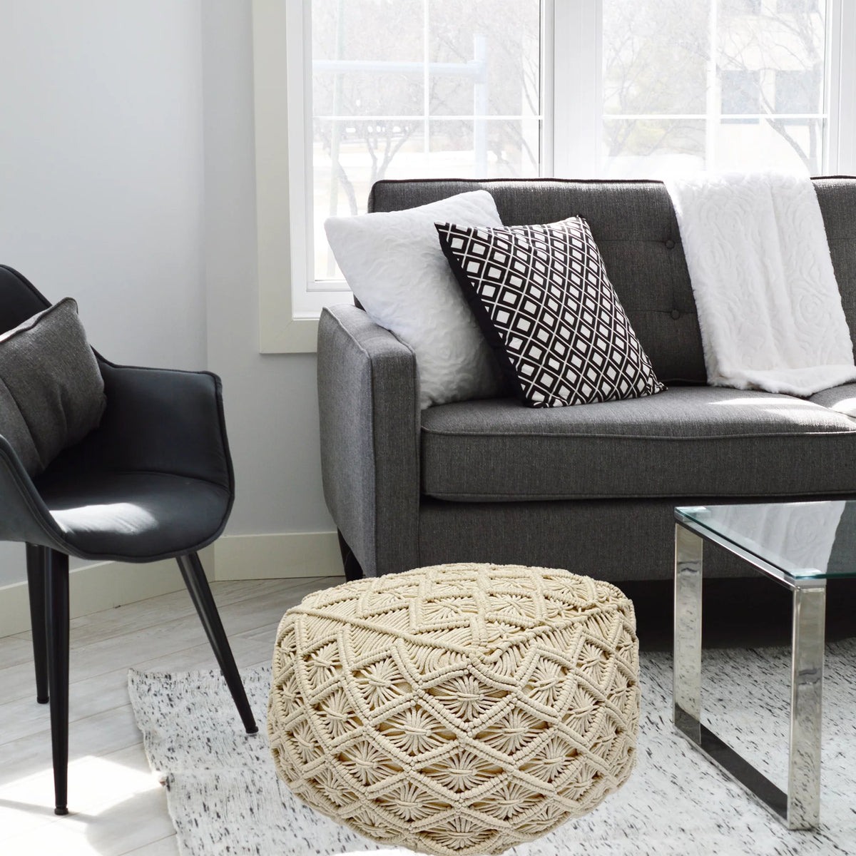 18" Beige Handmade Macramé Cotton Pouf Ottoman R8322