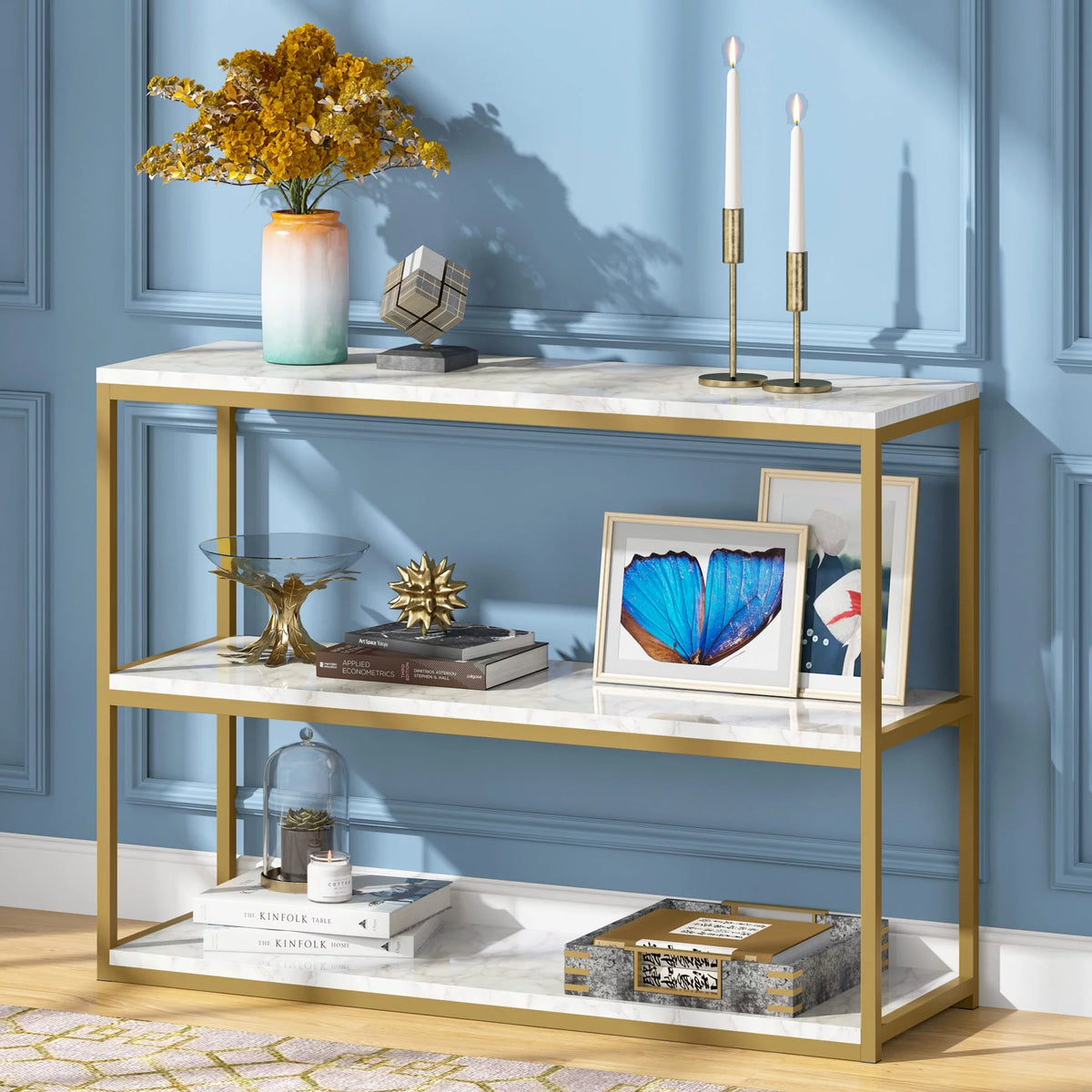 Gold Sofa Console Table with Storage Shelves S242