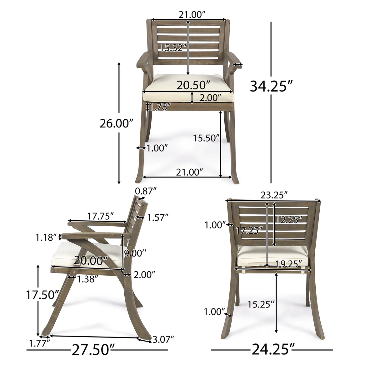 Acacia Wood Dining Chairs with Cushion, Set of 2 P972