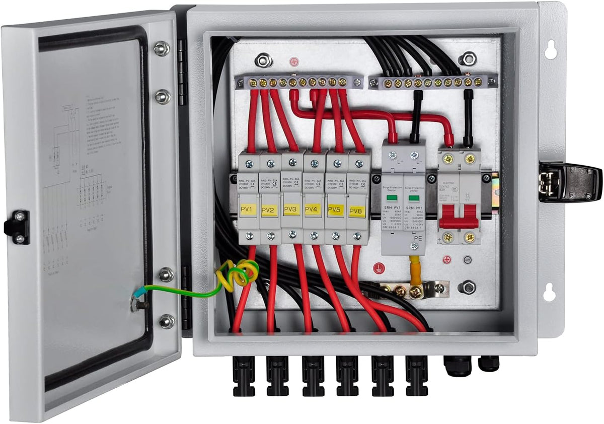 6 String Solar Combiner Box with 15A Fuse, Surge Protective Device, 63A Circuit Breaker L10199