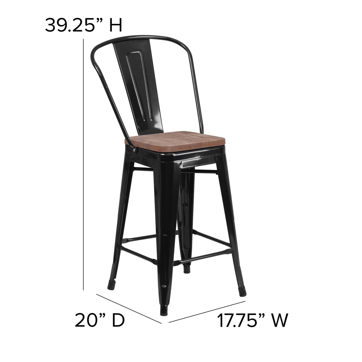 24 Inch Black Metal Counter Bar Stool with Wood Seat K7001