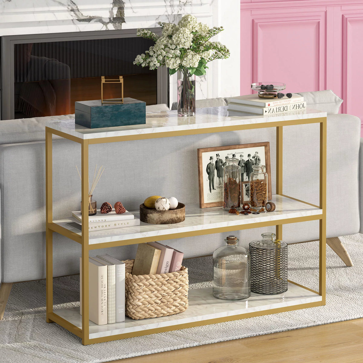 Gold Sofa Console Table with Storage Shelves S242