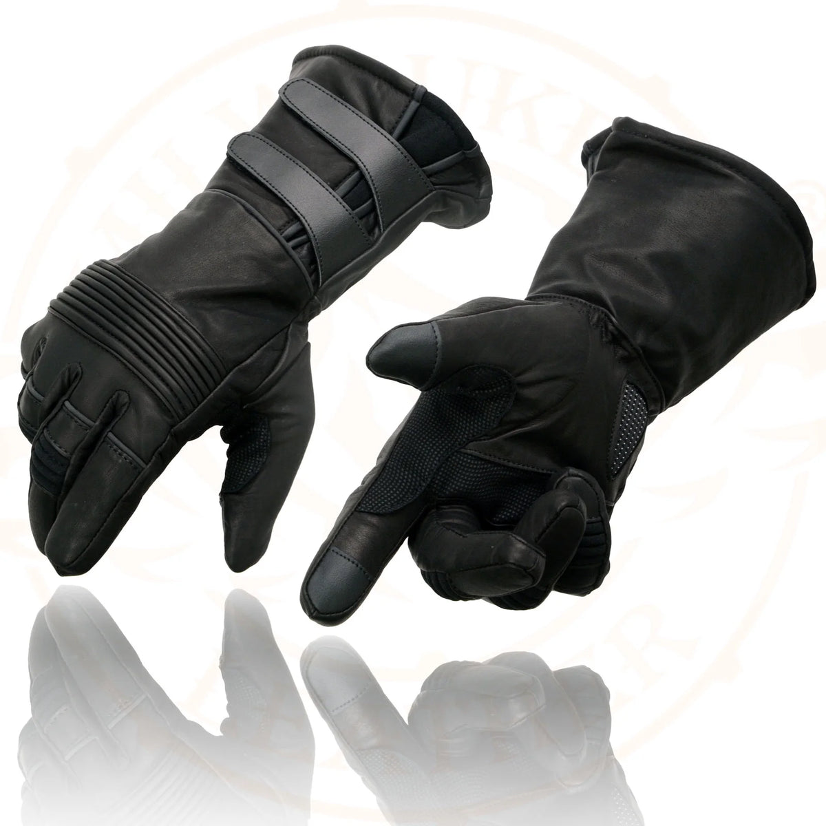 Black Cowhide Leather Gauntlet Motorcycle Gloves S51420