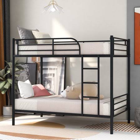 Twin Over Twin Metal Bunk Bed with Ladder, Black, 78.7 inch F93929