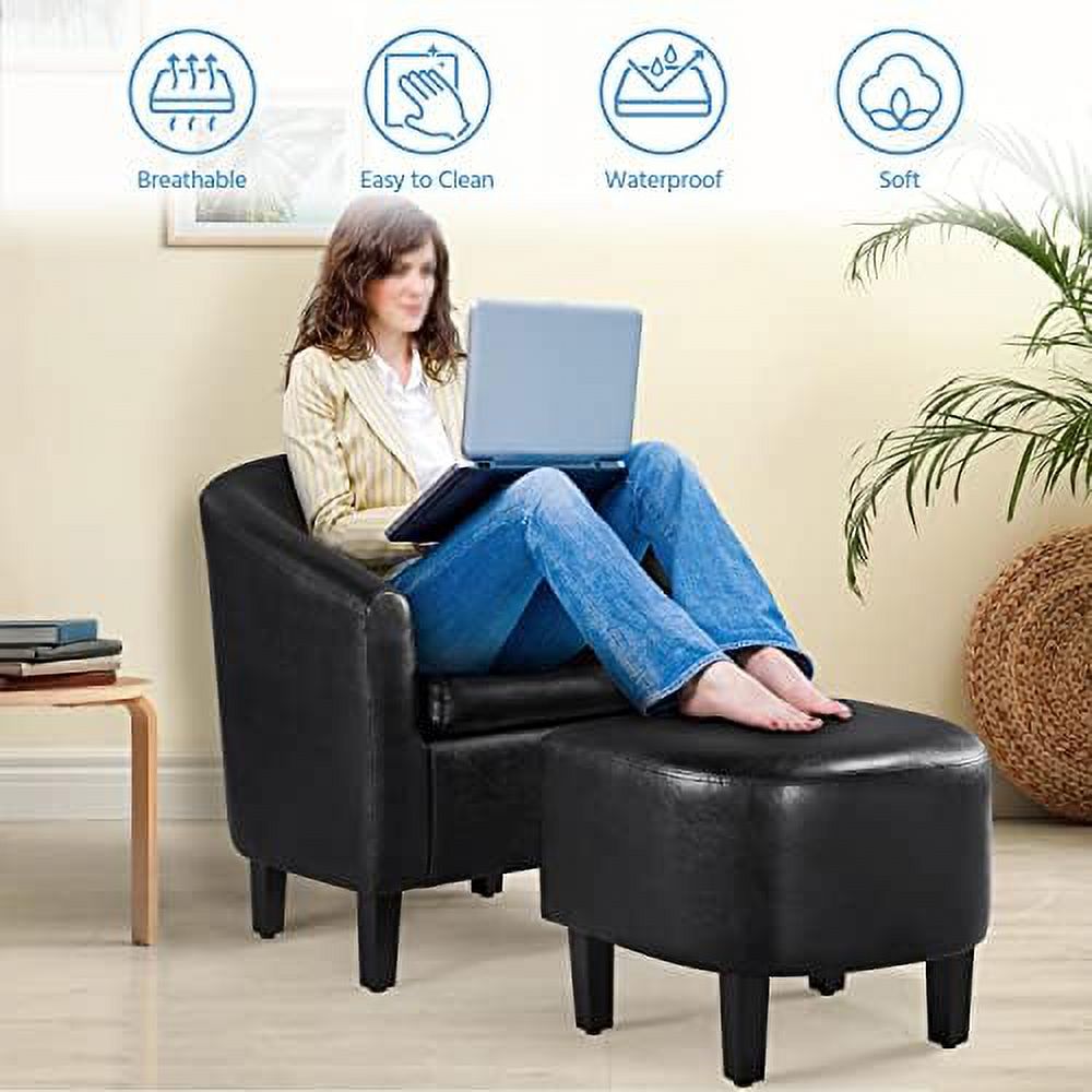 Black PU Leather Barrel Accent Chair with Ottoman Footrest Set H5141