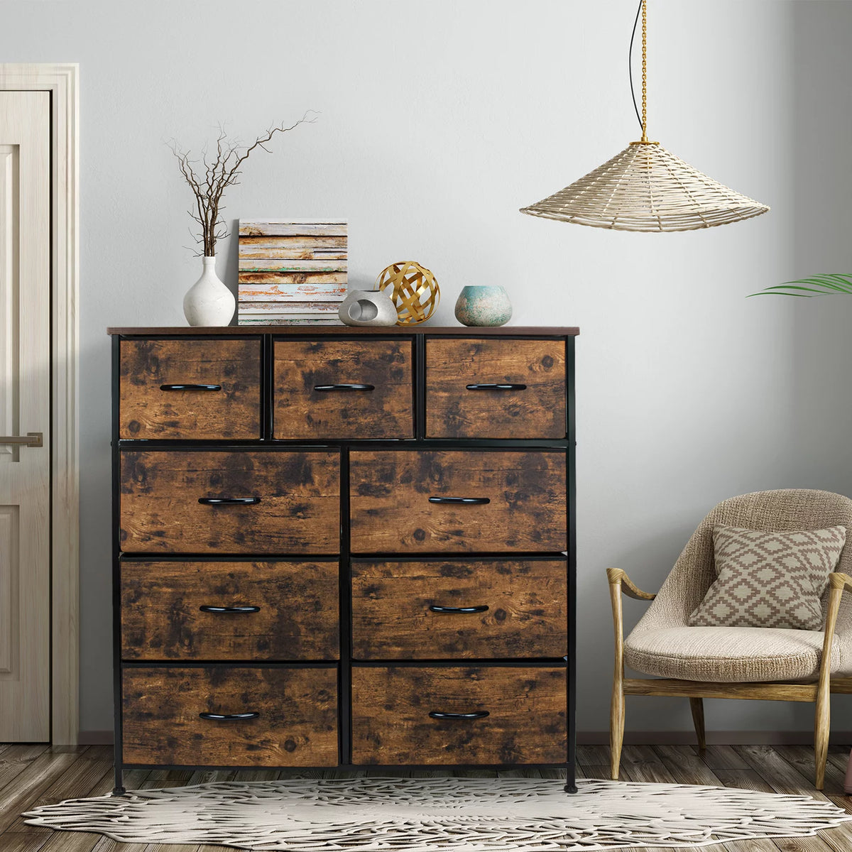 Fabric 9 Drawer Dresser with Wood Top J695344