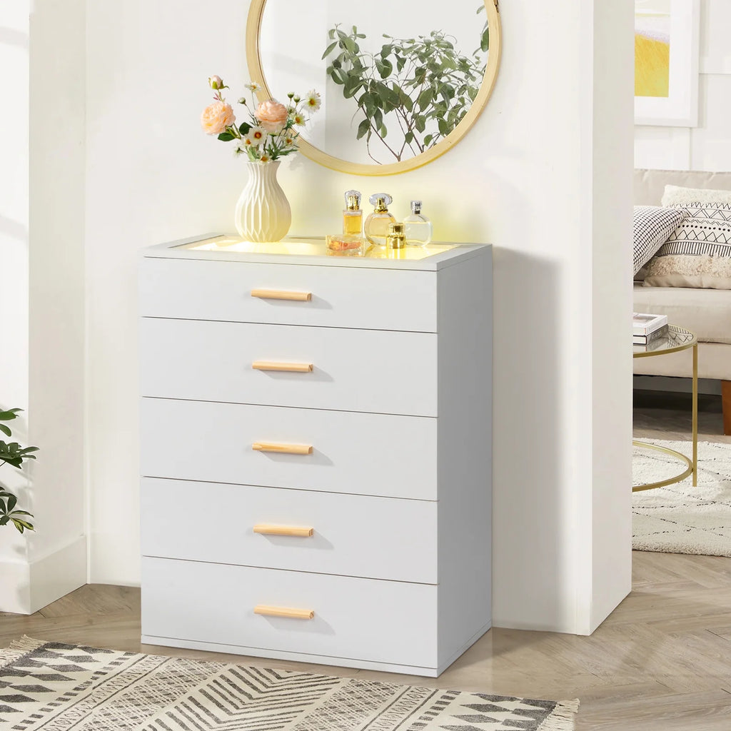 Black 5 Drawer Wood Dresser with Tempered Glass Top A257597