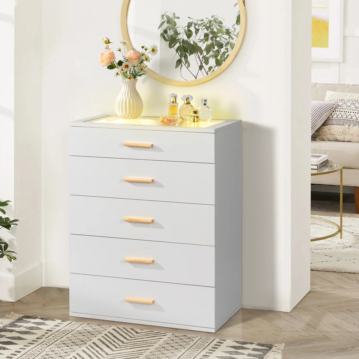Black 5 Drawer Wood Dresser with Tempered Glass Top A257597