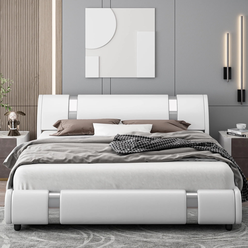 Full Size Leather Upholstered Platform Bed Frame with White Headboard Q702