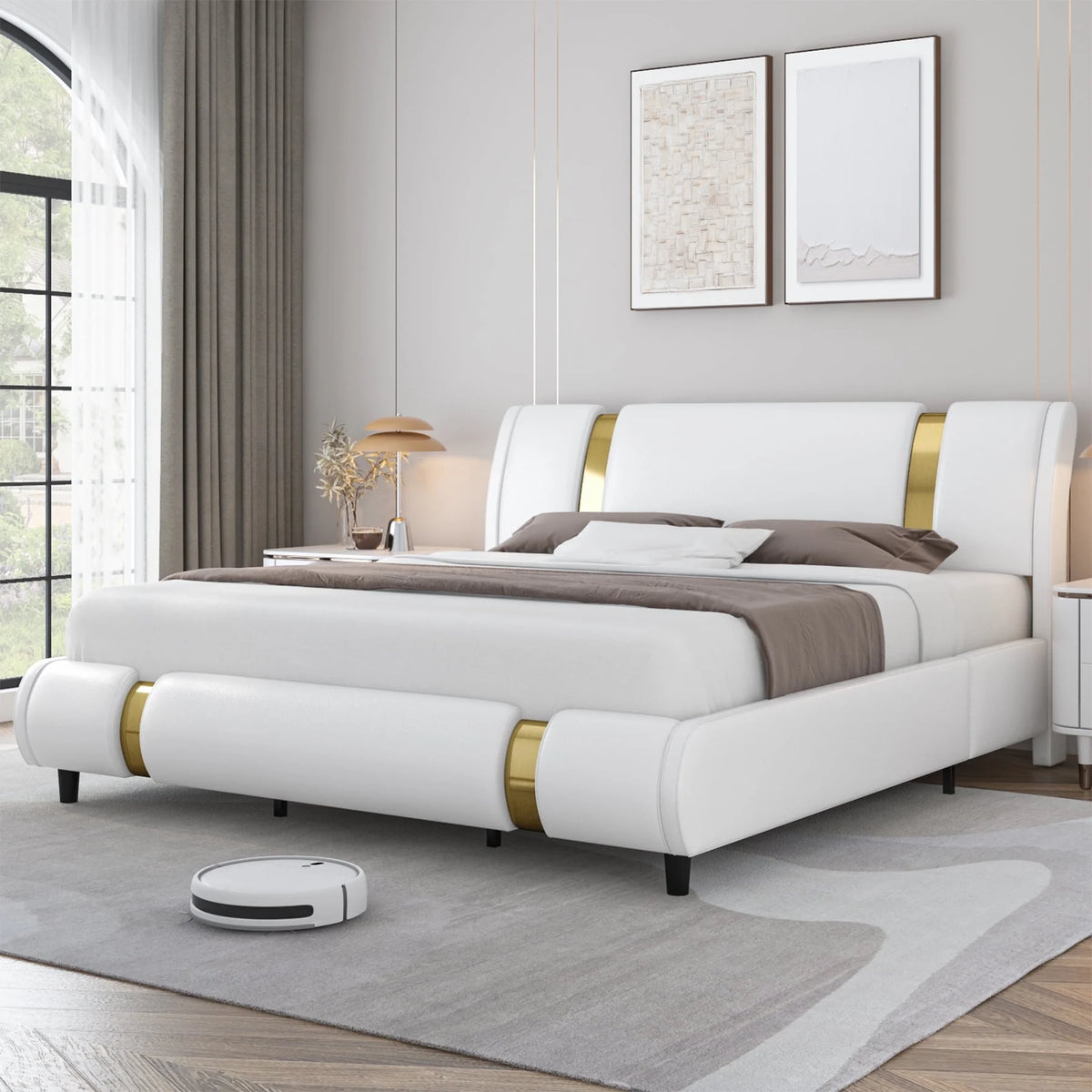 Full Size Leather Upholstered Platform Bed Frame with White Headboard Q702