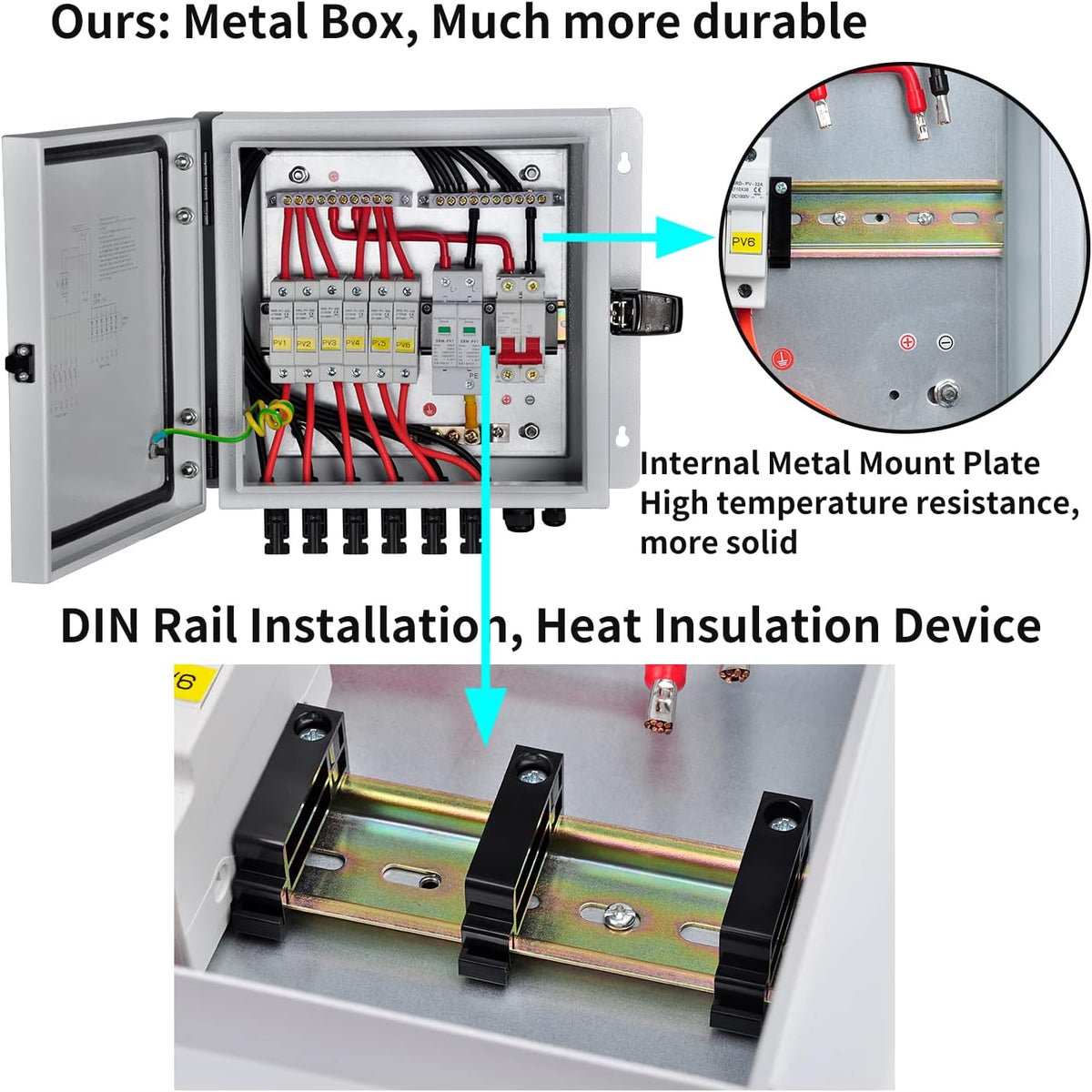 6 String Solar Combiner Box with 15A Fuse, Surge Protective Device, 63A Circuit Breaker L10199
