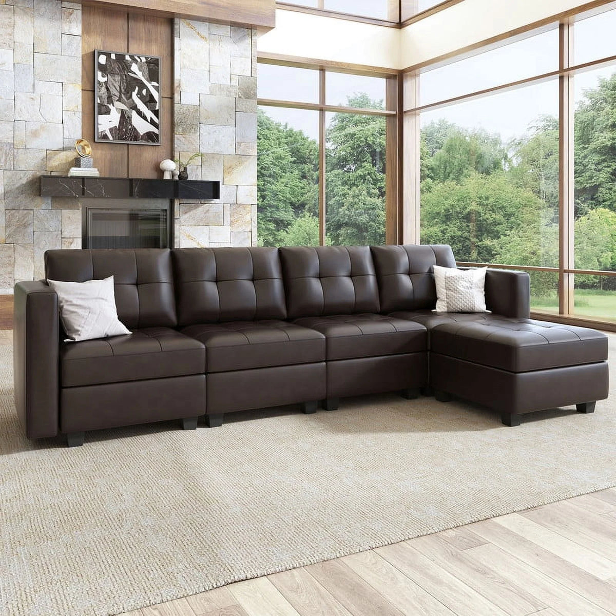 Brown Faux Leather L-Shaped Sectional Sofa with Storage I3417