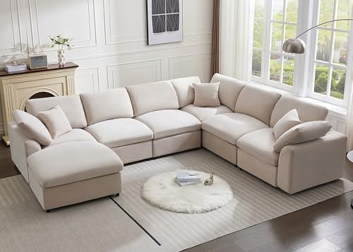 Cream Modular Sectional Sofa with Ottoman 7 Seater L-Shaped B95981