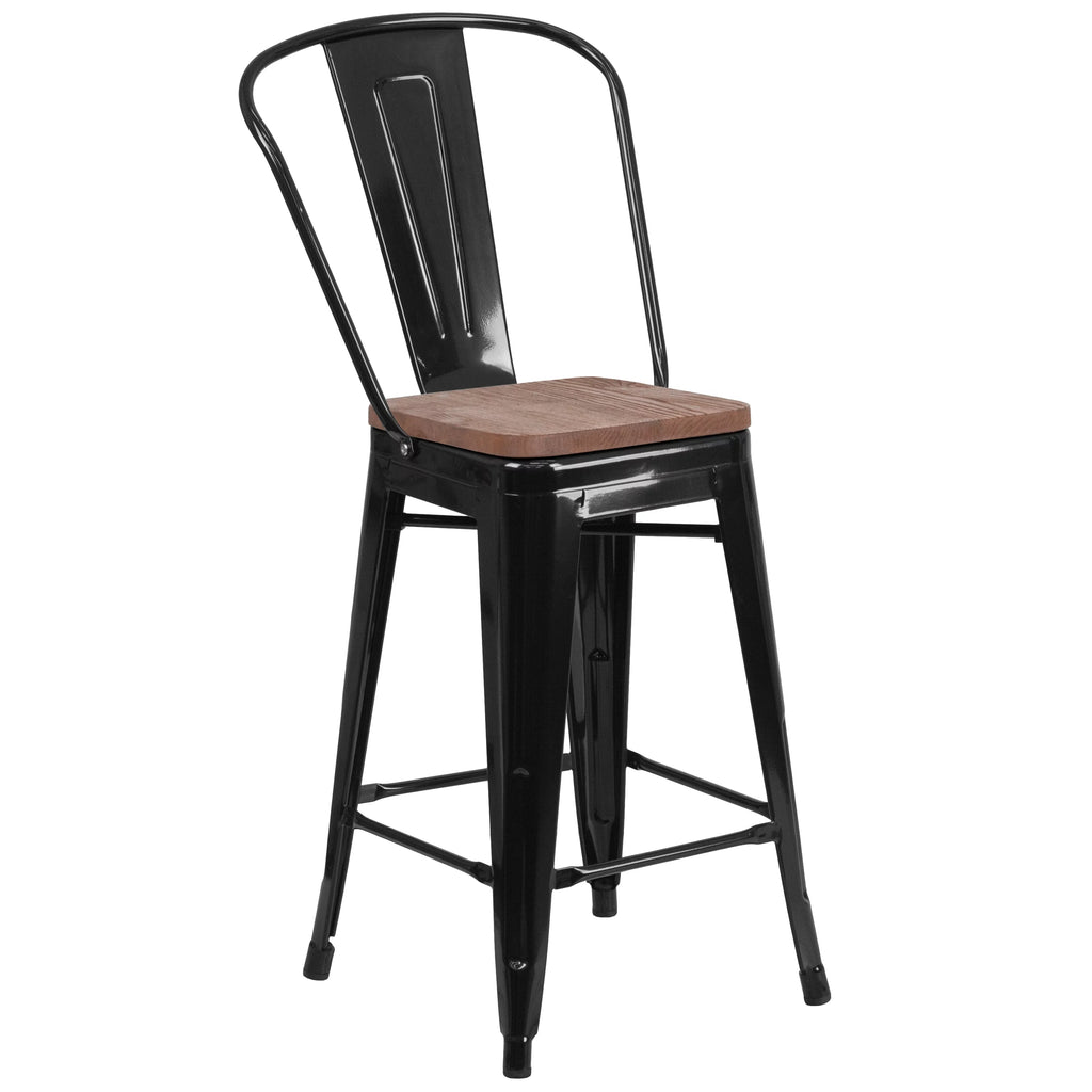 24 Inch Black Metal Counter Bar Stool with Wood Seat K7001