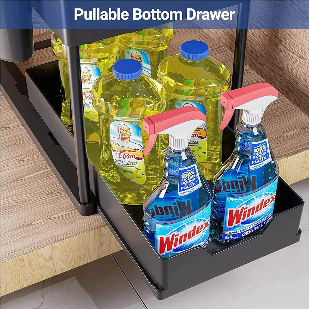2 Tier Pull-out Under Sink Organizer with Hooks and Hanging Cup O1368