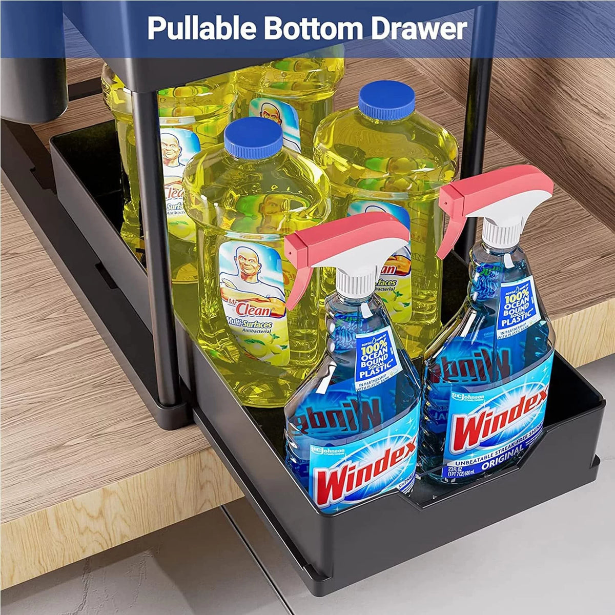 2 Tier Pull-out Under Sink Organizer with Hooks and Hanging Cup O1368
