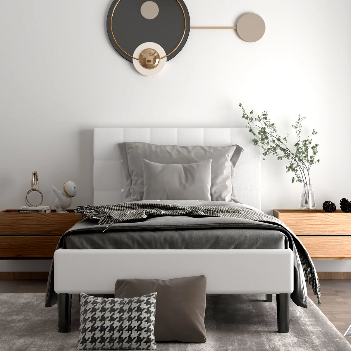 Twin Upholstered Bed Frame with Tufted Headboard Beige J97845