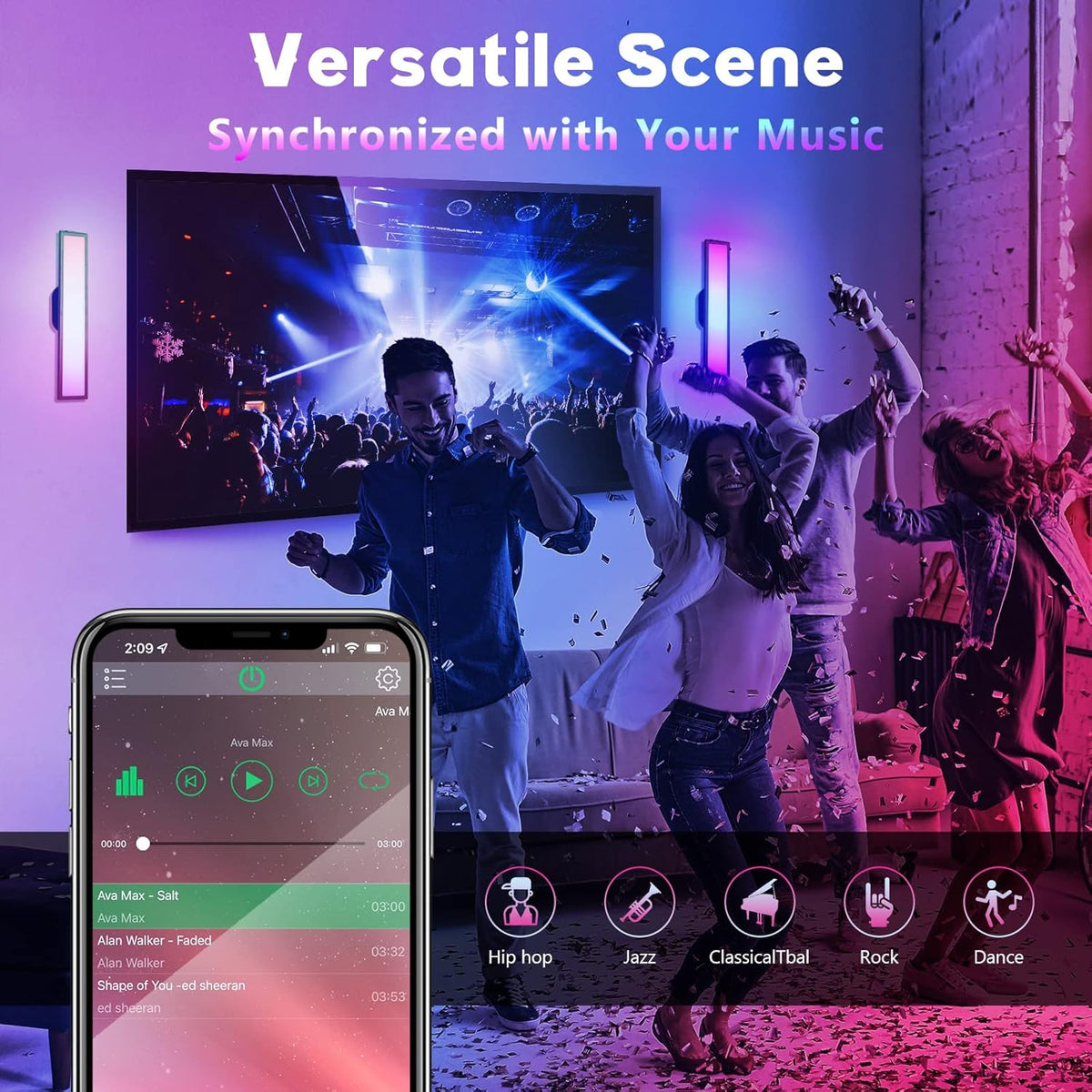 Smart LED Light Bars, RGB Flow Light Bar with 16 Million Colors, Bluetooth Connection Music Sync Kit, Pack of 2 T8022