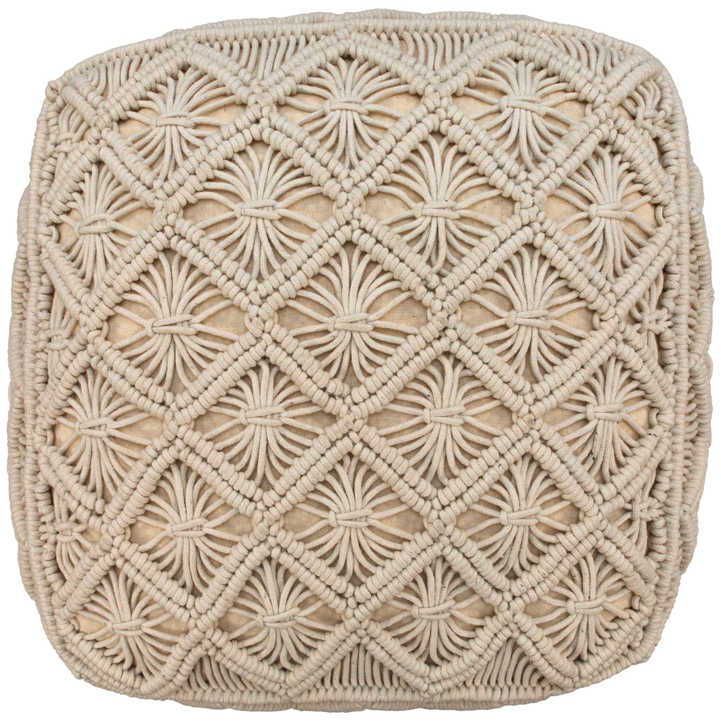 18" Beige Handmade Macramé Cotton Pouf Ottoman R8322