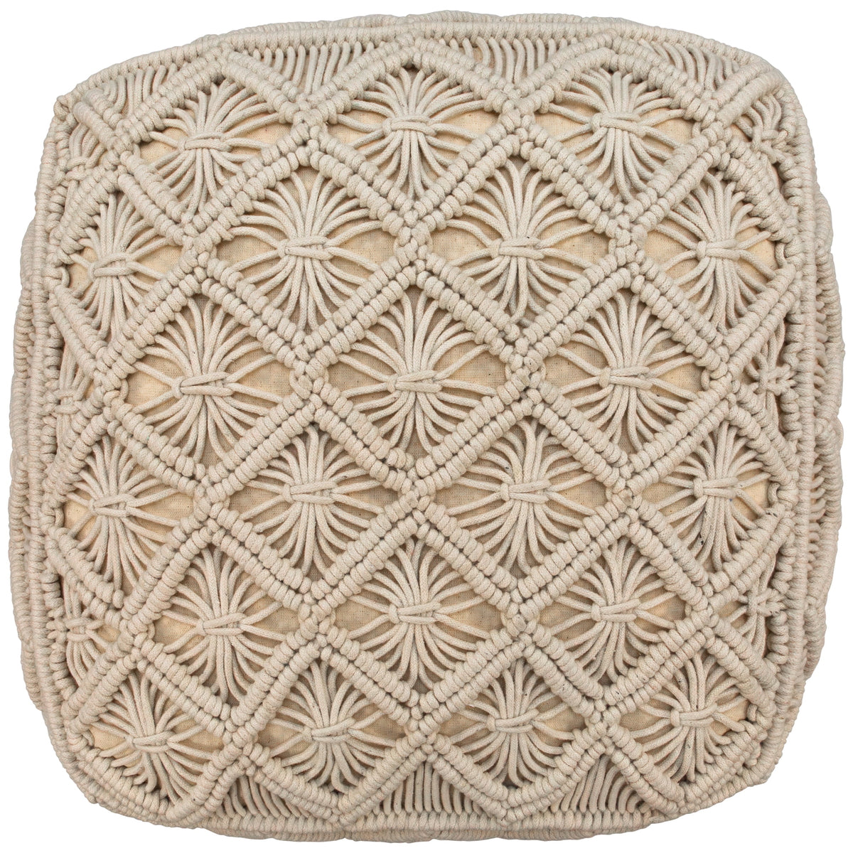 18" Beige Handmade Macramé Cotton Pouf Ottoman R8322