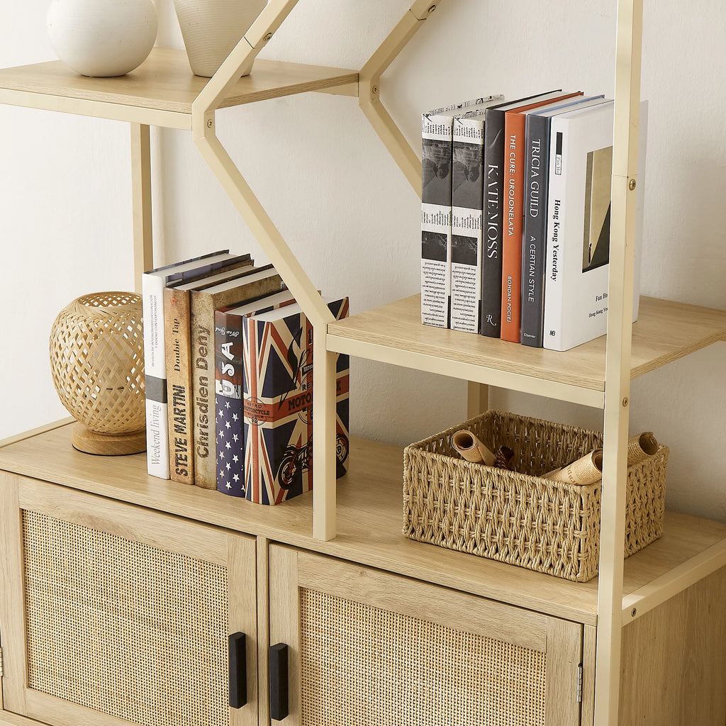 7 Tiers Wood Bookcase with Cabinet and Rattan Door S9088