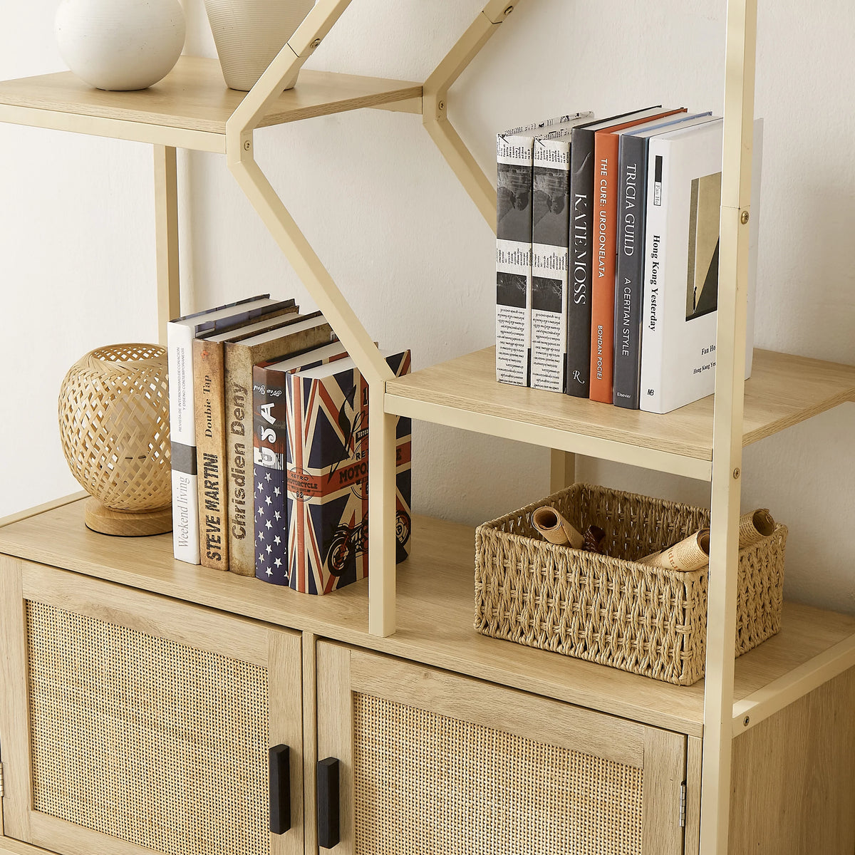 7 Tiers Wood Bookcase with Cabinet and Rattan Door S9088
