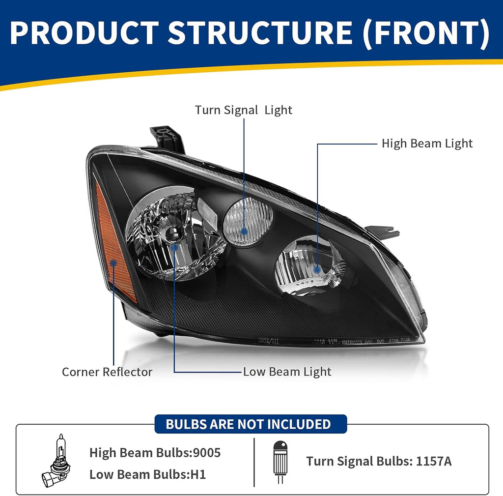 Headlight Assembly Compatible with 2005 2006 Altima Black Housing Amber Reflector O1911
