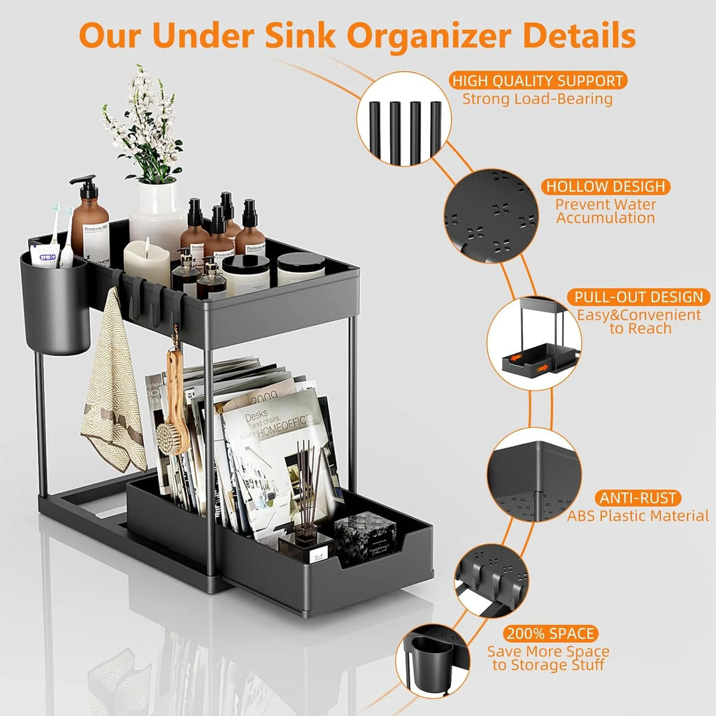 2 Tier Pull-out Under Sink Organizer with Hooks and Hanging Cup O1368