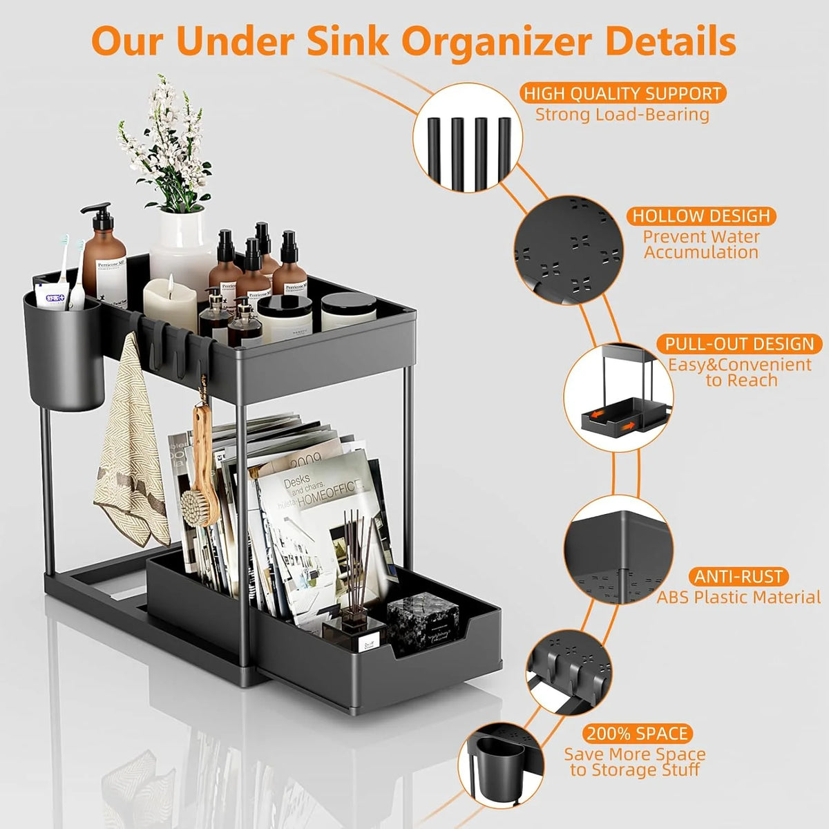 2 Tier Pull-out Under Sink Organizer with Hooks and Hanging Cup O1368