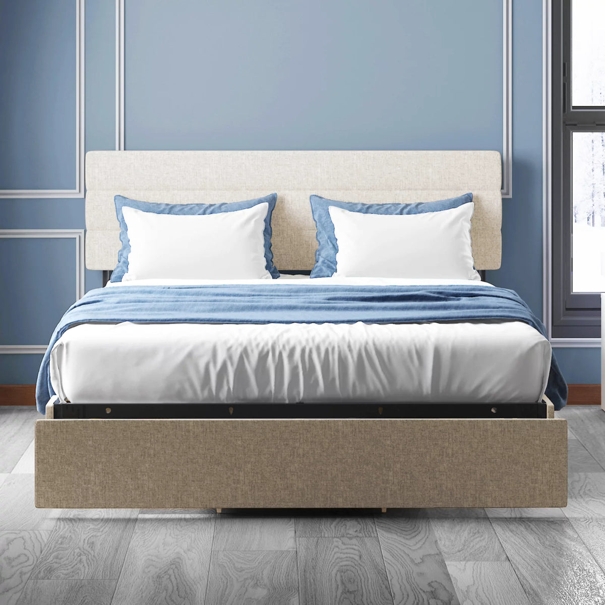 Beige Upholstered Platform Bed Frame with Headboard and Drawers B118