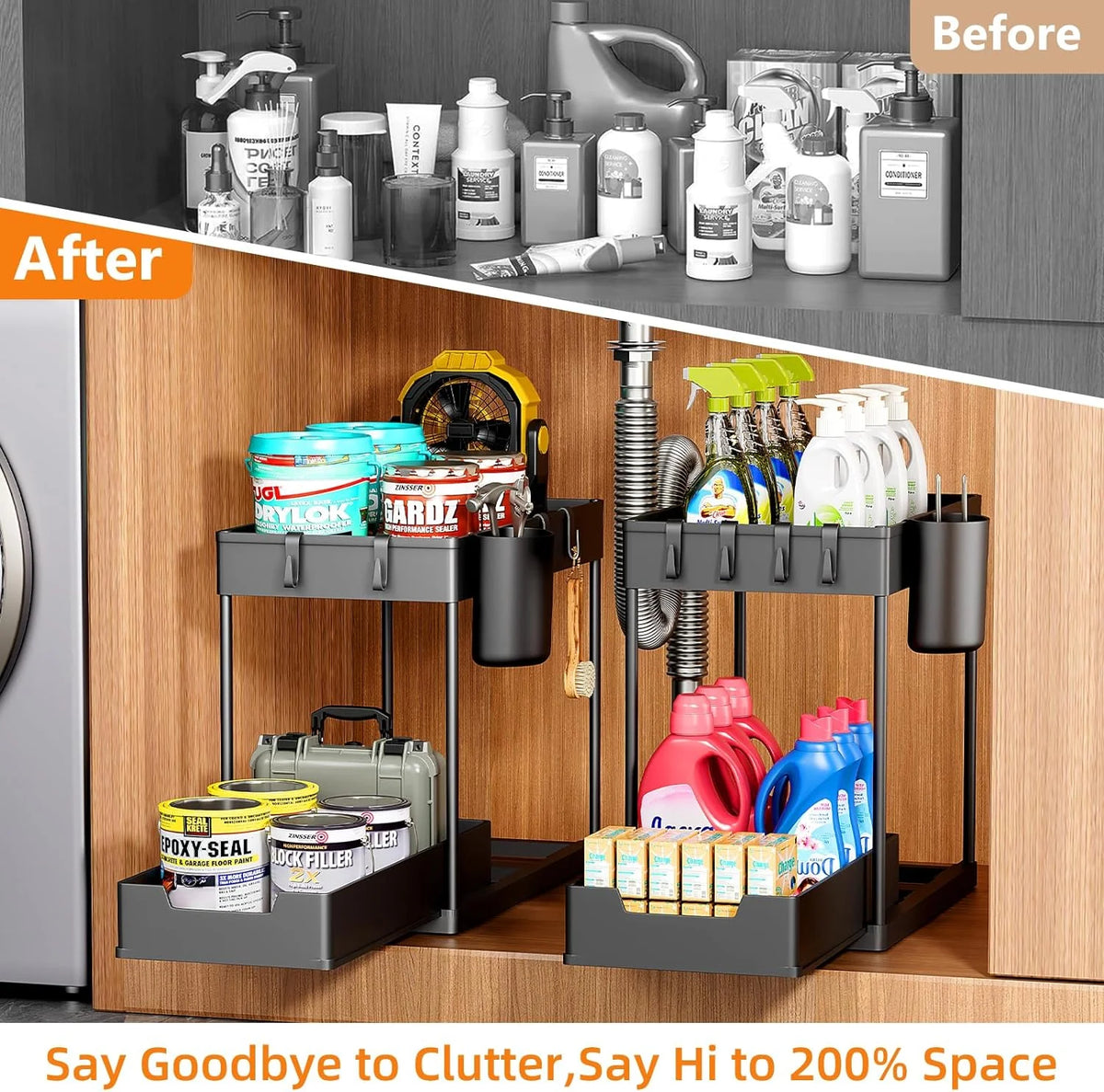 2 Tier Pull-out Under Sink Organizer with Hooks and Hanging Cup O1368