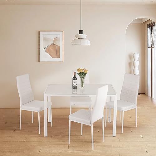 5-Piece Glass Dining Table Set with 4 Upholstered Chairs D7217