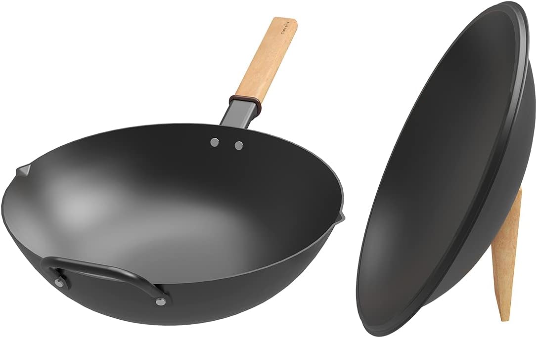 Carbon Steel Wok with Lid, 12 Inch, Wooden Handle, Pack of 2 Y21153