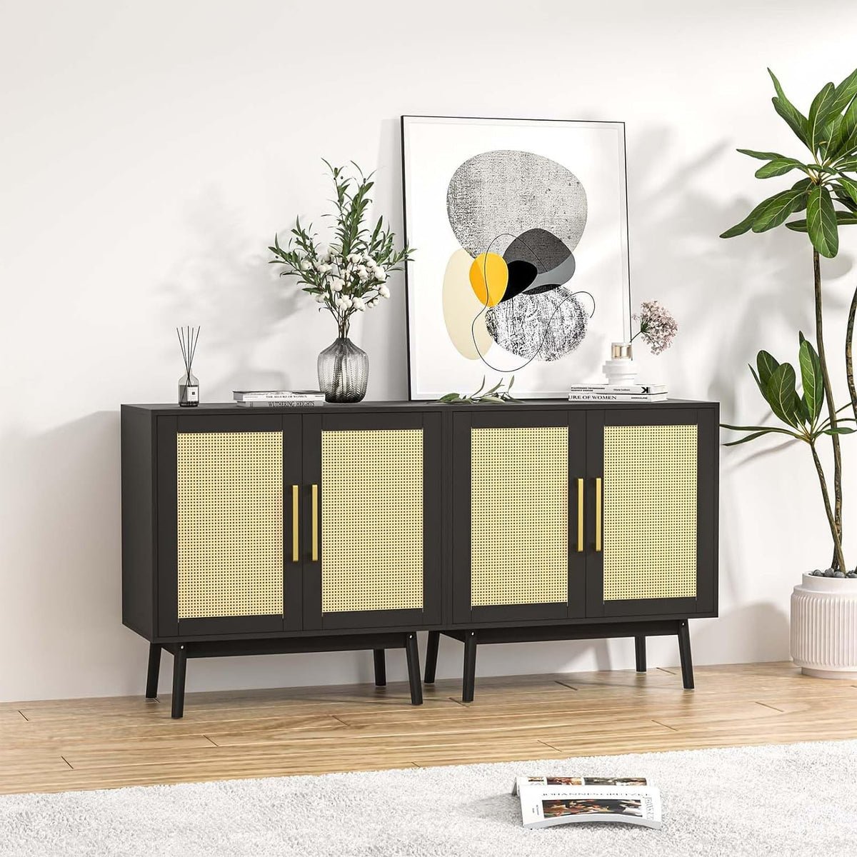 Black Rattan Storage Cabinet Set of 2 U791192