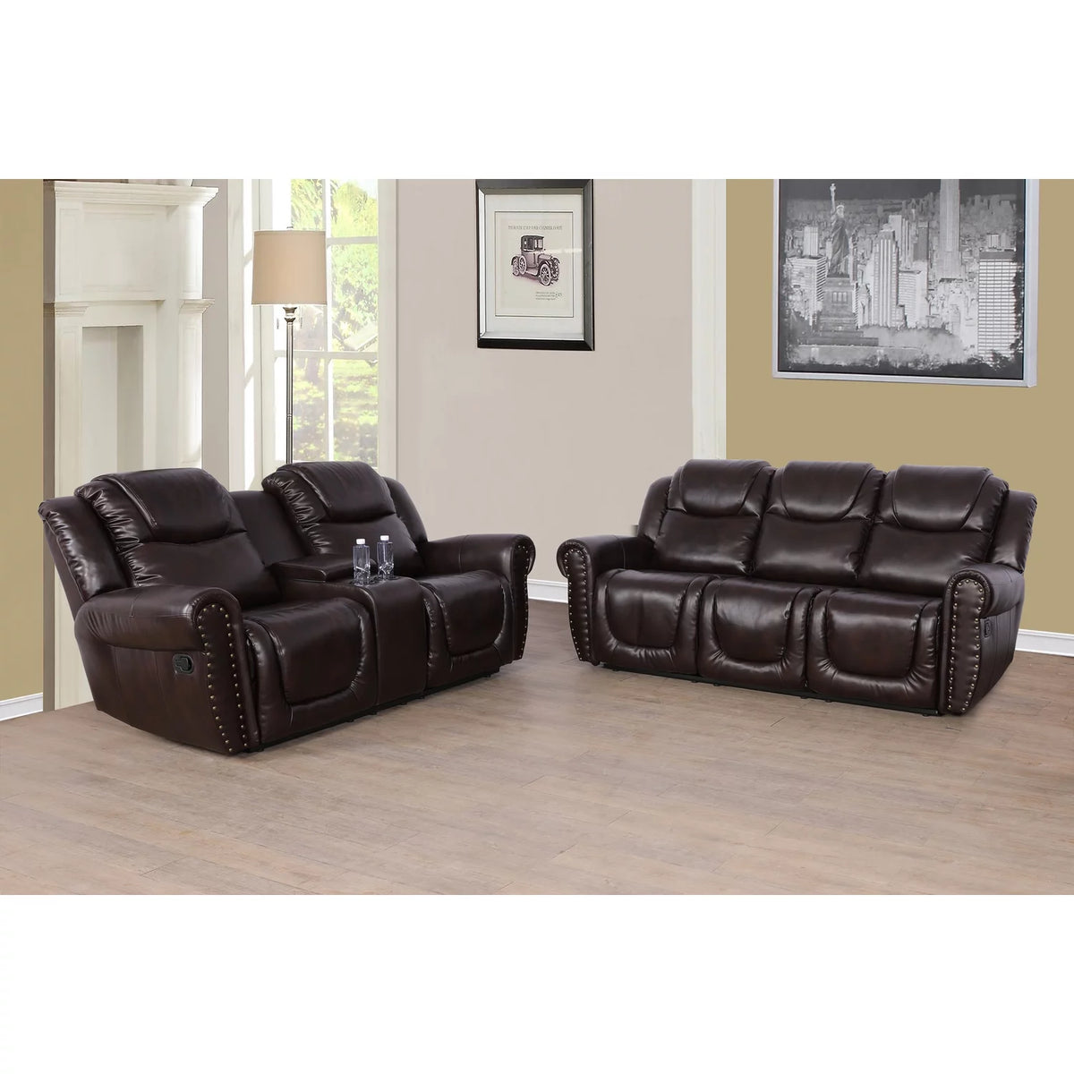 Espresso Leather Sectional Sofa Set with Loveseat and Chair I552