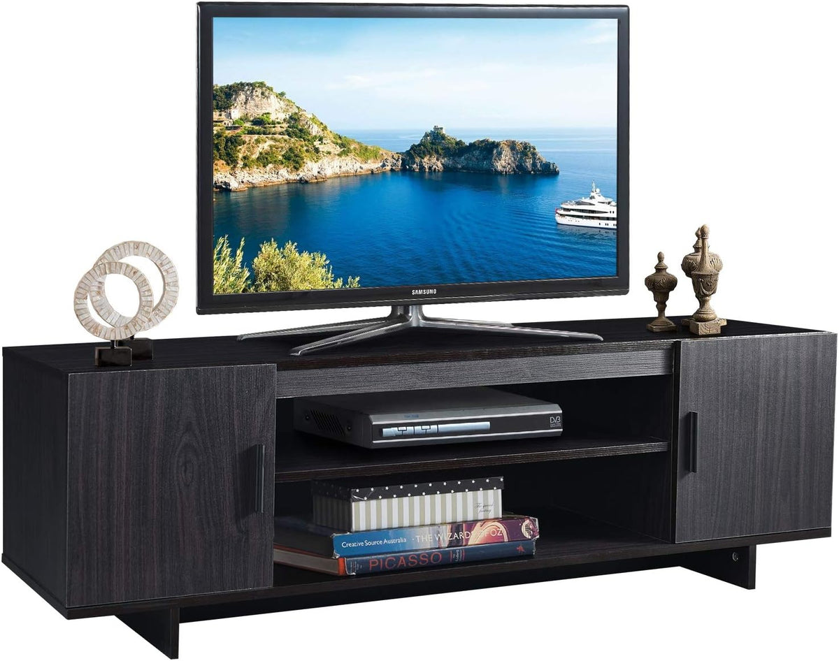 Brown Wood TV Stand with 2 Storage Cabinets & Open Shelves D7024