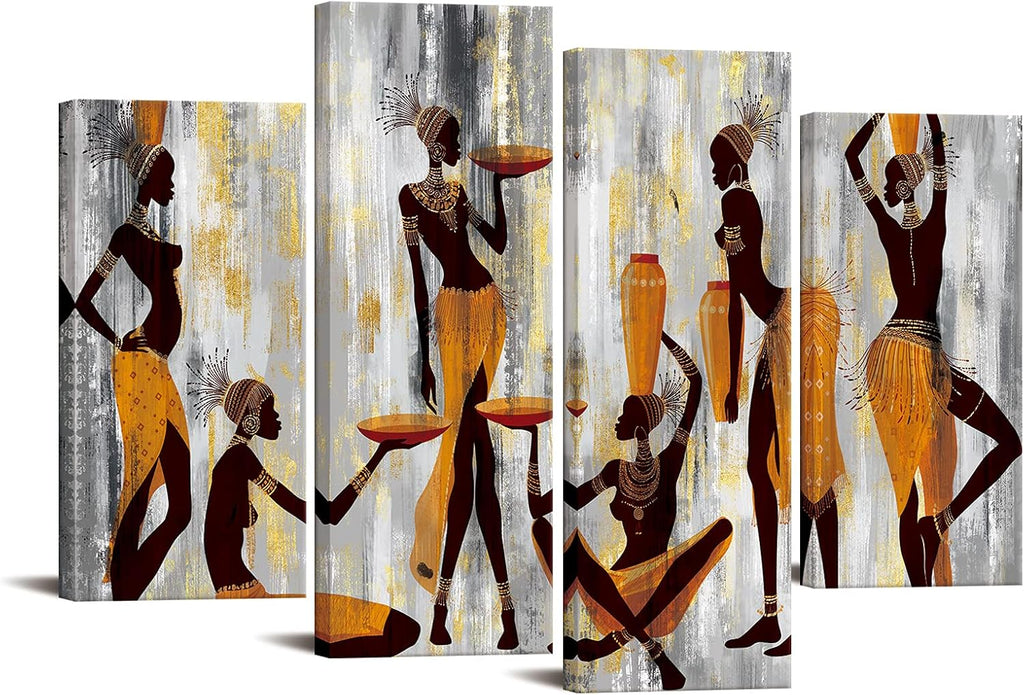 4 Pieces African Women Canvas Wall Art Abstract Yellow and Grey Poster Print 48x33inch R894679