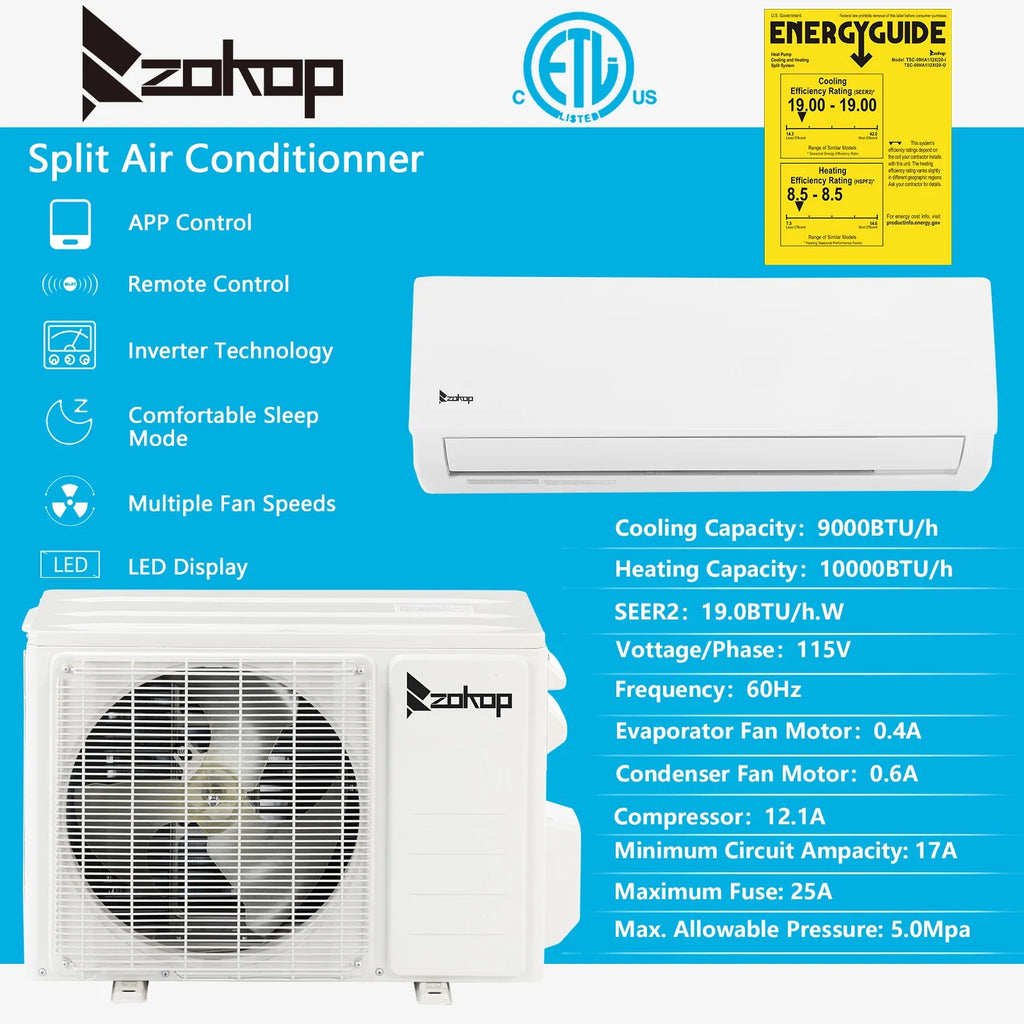 9000 BTU Wifi Enabled 19 Seer Mini Split Air Conditioner & Heater Q26113