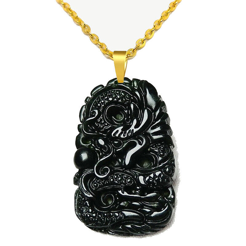 24" Black-Green Jade Dragon Necklace P793841