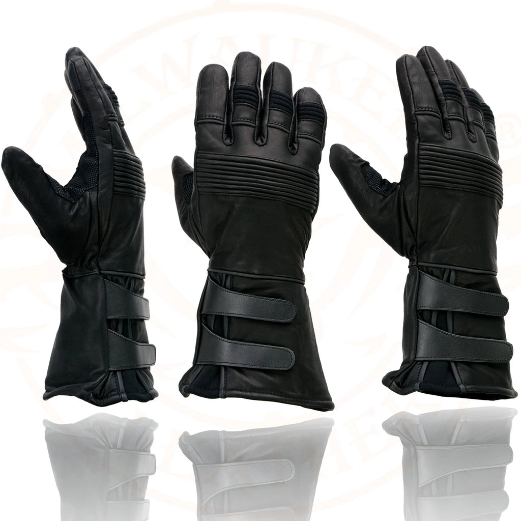 Black Cowhide Leather Gauntlet Motorcycle Gloves S51420