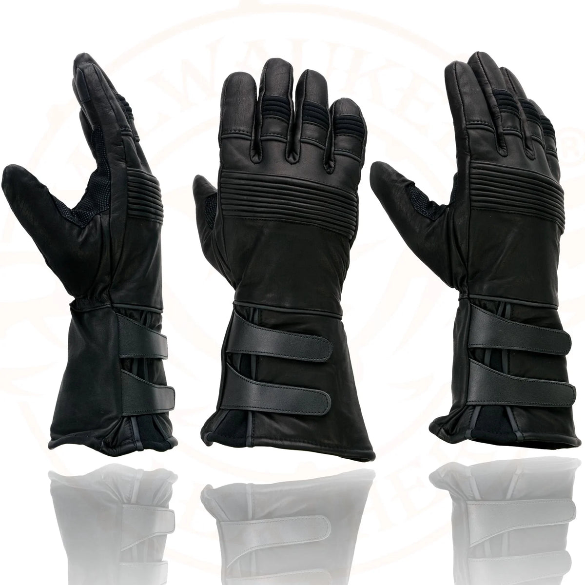 Black Cowhide Leather Gauntlet Motorcycle Gloves S51420