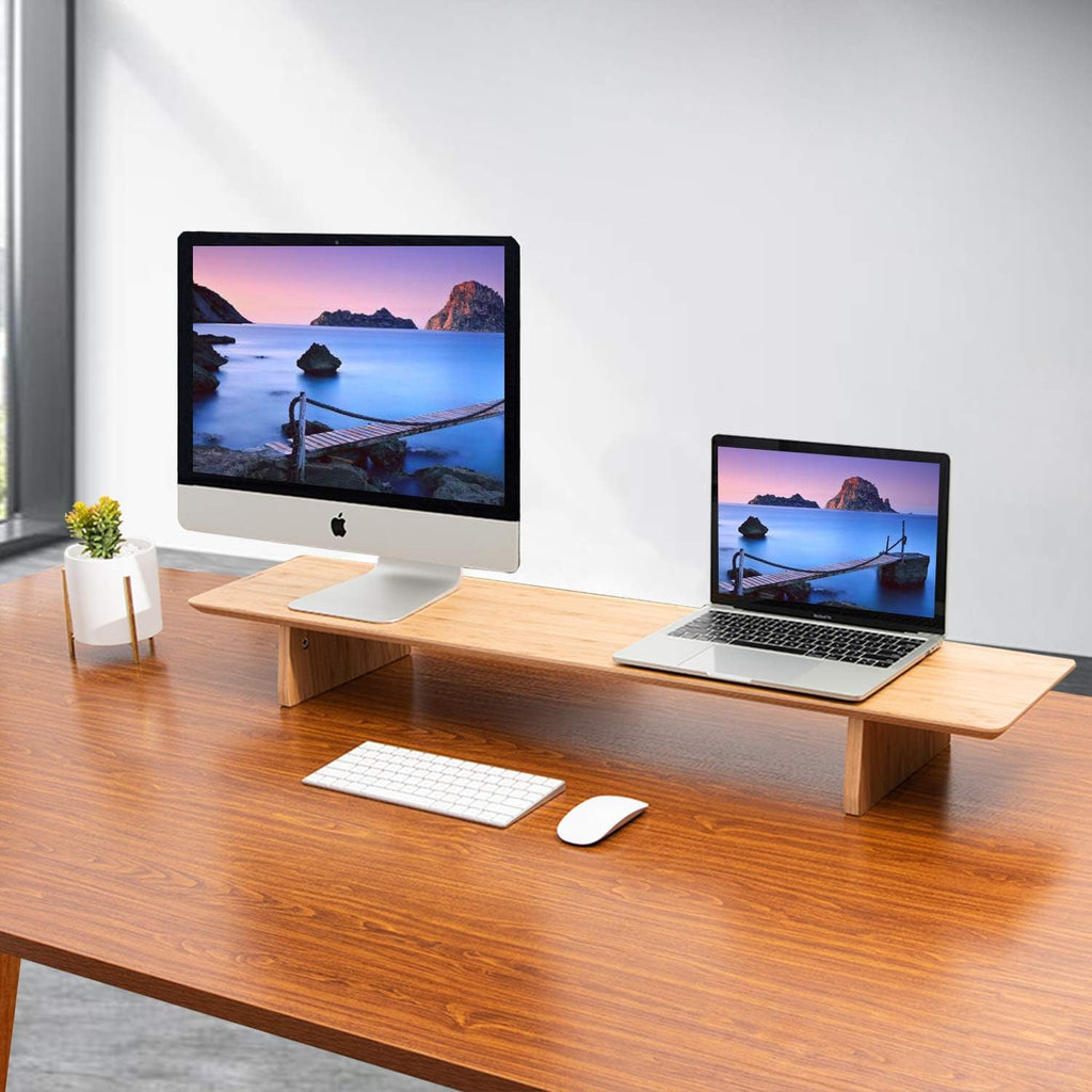 Large Bamboo Wood Dual Monitor Stand Riser Pack of 2 W81807