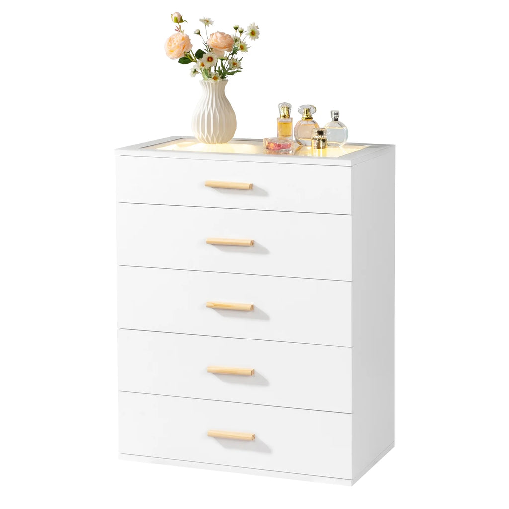 Black 5 Drawer Wood Dresser with Tempered Glass Top A257597